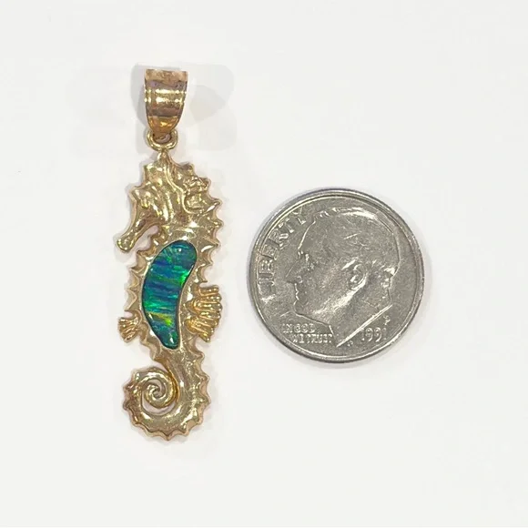14K Opal Seahorse Pendant, Green Blue Lab Inlay Nautical Aquatic Luxury Piece - Picture 12 of 13